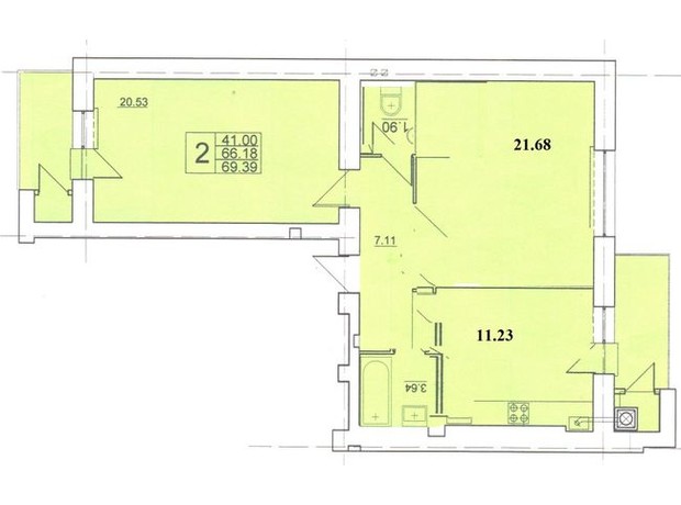 ЖК вул. Самбірська, 128/1: планування 2-кімнатної квартири 69.39 м²