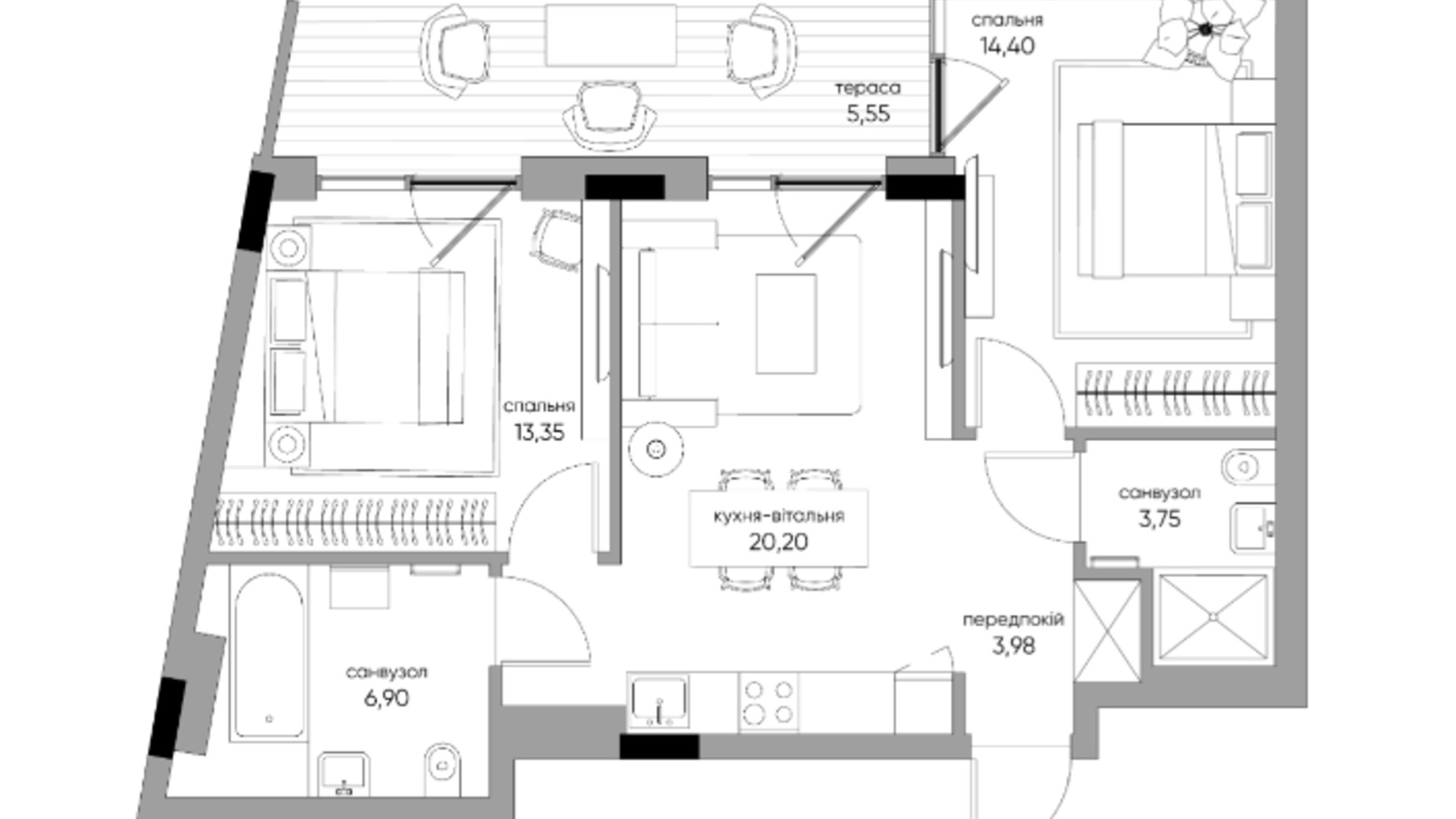 Планування 2-кімнатної квартири в ЖК Park Lake City Vita 70.59 м², фото 426407