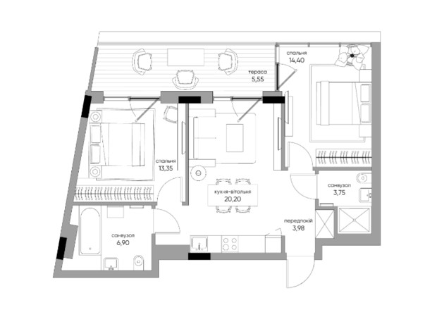 ЖК Park Lake City Vita: планування 2-кімнатної квартири 70.59 м²