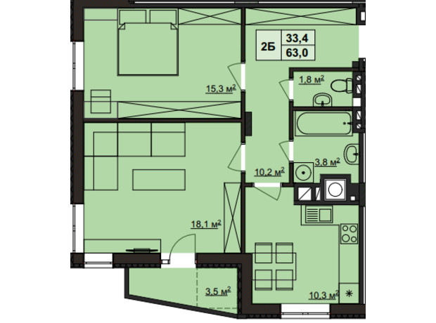 ЖК Варшавский: планировка 2-комнатной квартиры 63 м²