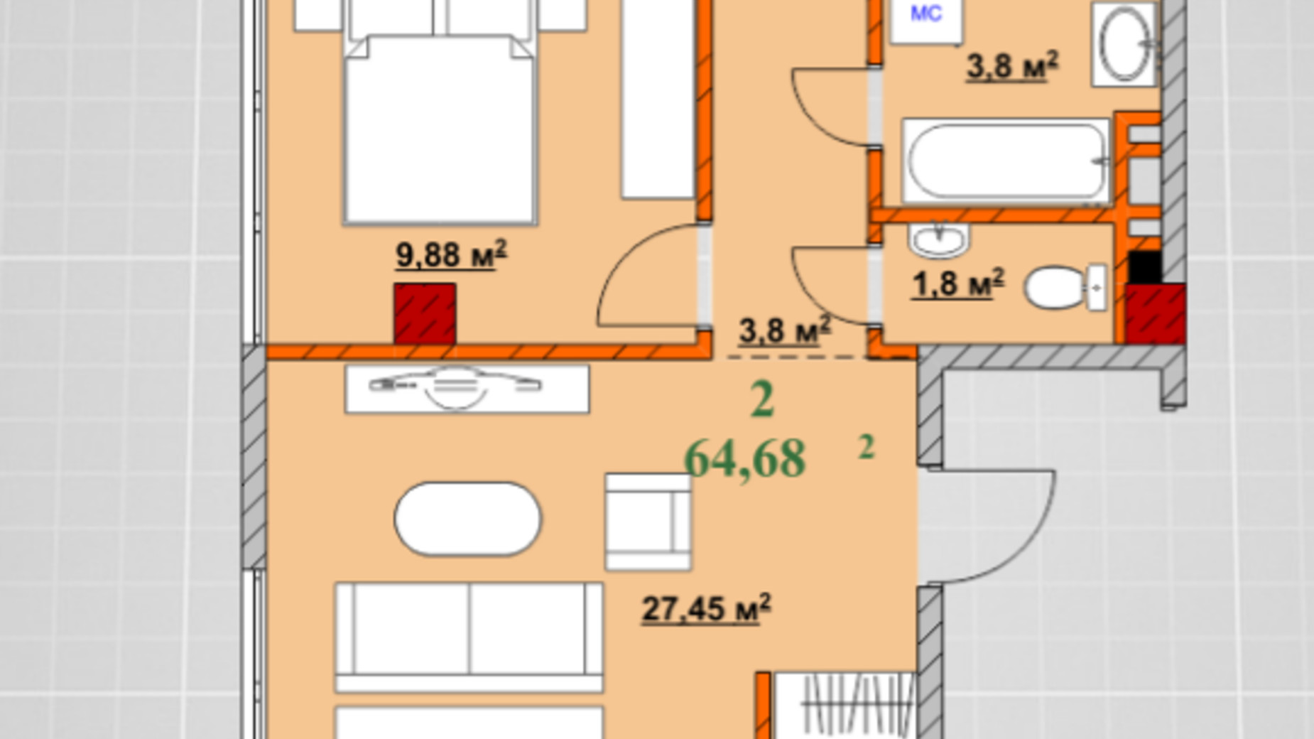 Планування 2-кімнатної квартири в ЖК Provance Home 64.68 м², фото 426824