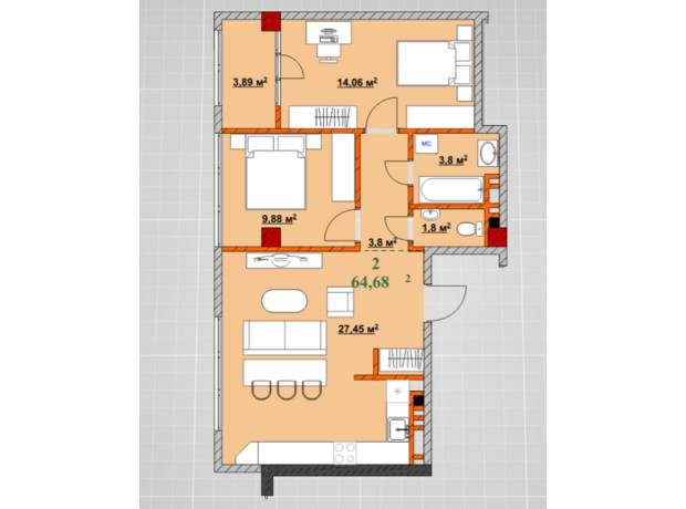 ЖК Provance Home: планування 2-кімнатної квартири 64.68 м²