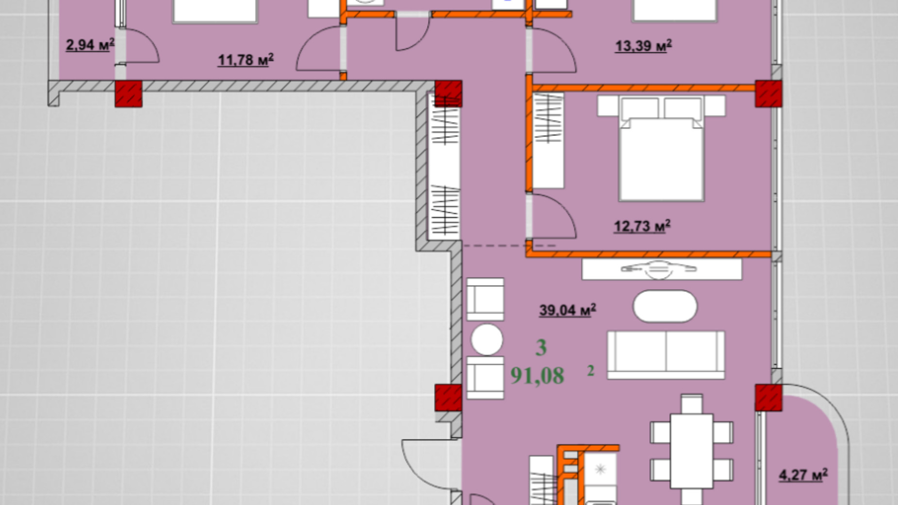 Планування 3-кімнатної квартири в ЖК Provance Home 91.08 м², фото 426825