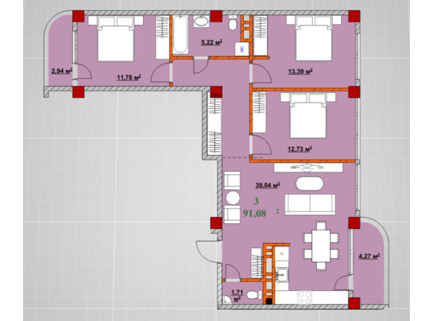 ЖК Provance Home: планировка 3-комнатной квартиры 91.08 м²