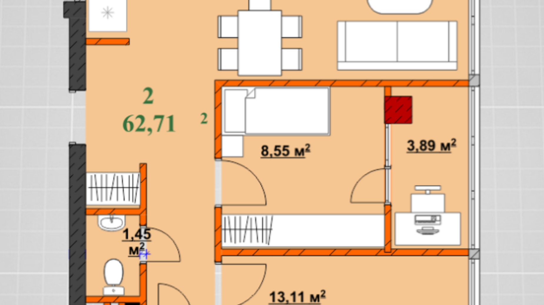 Планування 2-кімнатної квартири в ЖК Provance Home 62.71 м², фото 426827