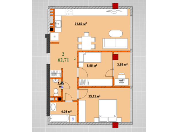 ЖК Provance Home: планировка 2-комнатной квартиры 62.71 м²