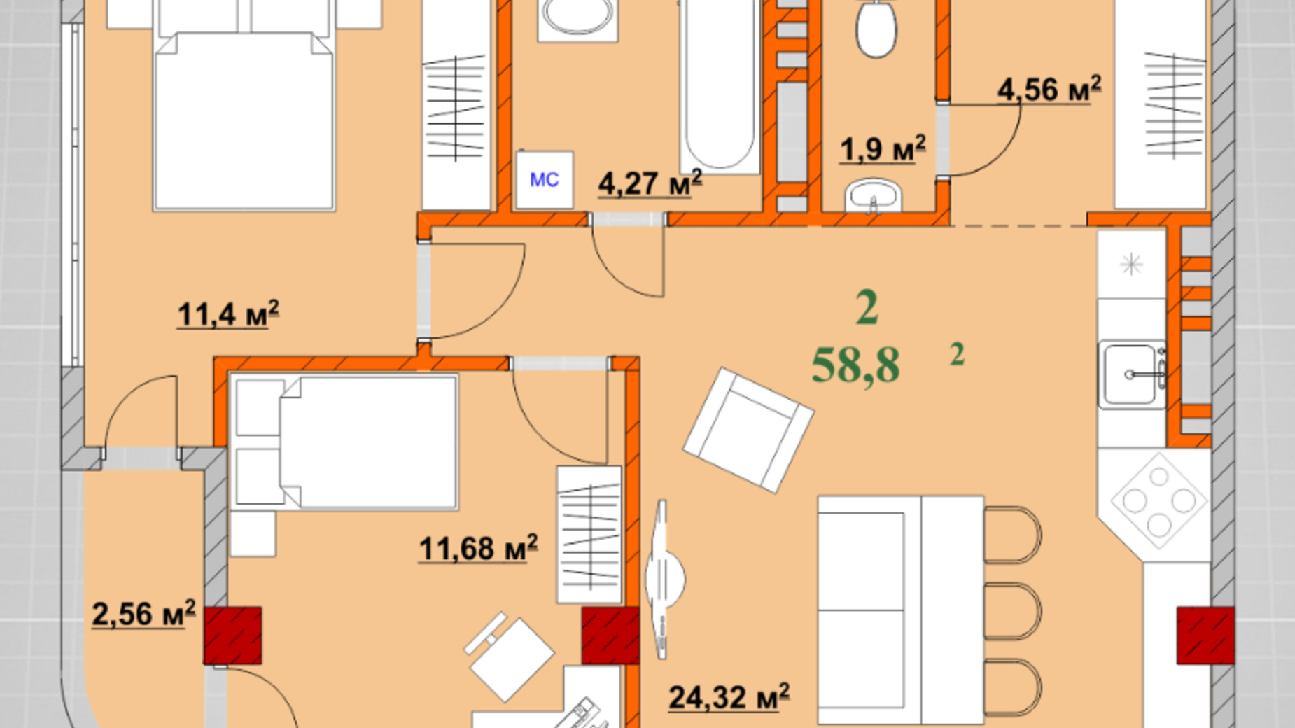 Планировка 2-комнатной квартиры в ЖК Provance Home 58.8 м², фото 426828