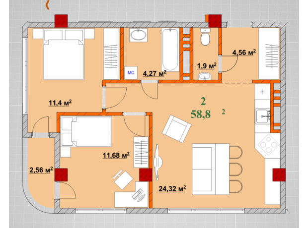 ЖК Provance Home: планування 2-кімнатної квартири 58.8 м²