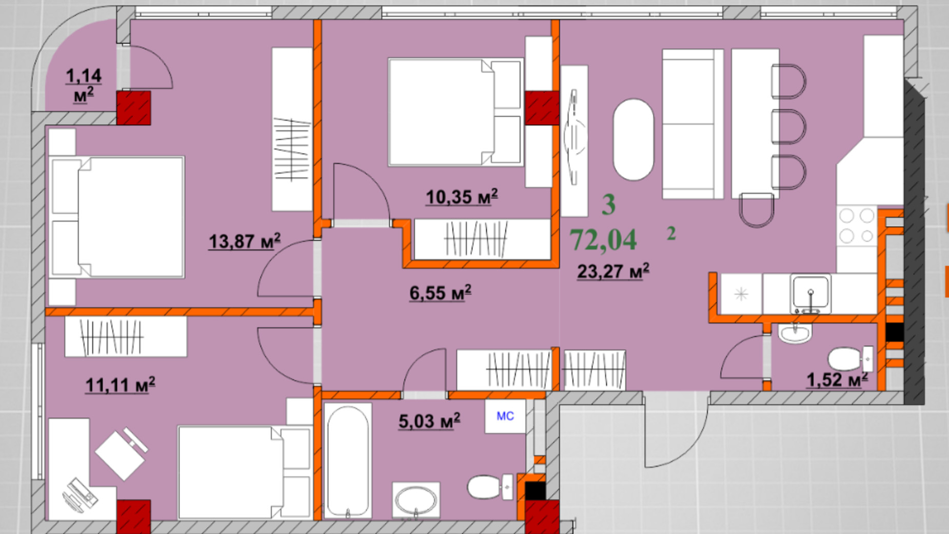 Планування 3-кімнатної квартири в ЖК Provance Home 72.04 м², фото 426829