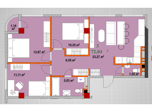 ЖК Provance Home: планировка 3-комнатной квартиры 72.04 м²