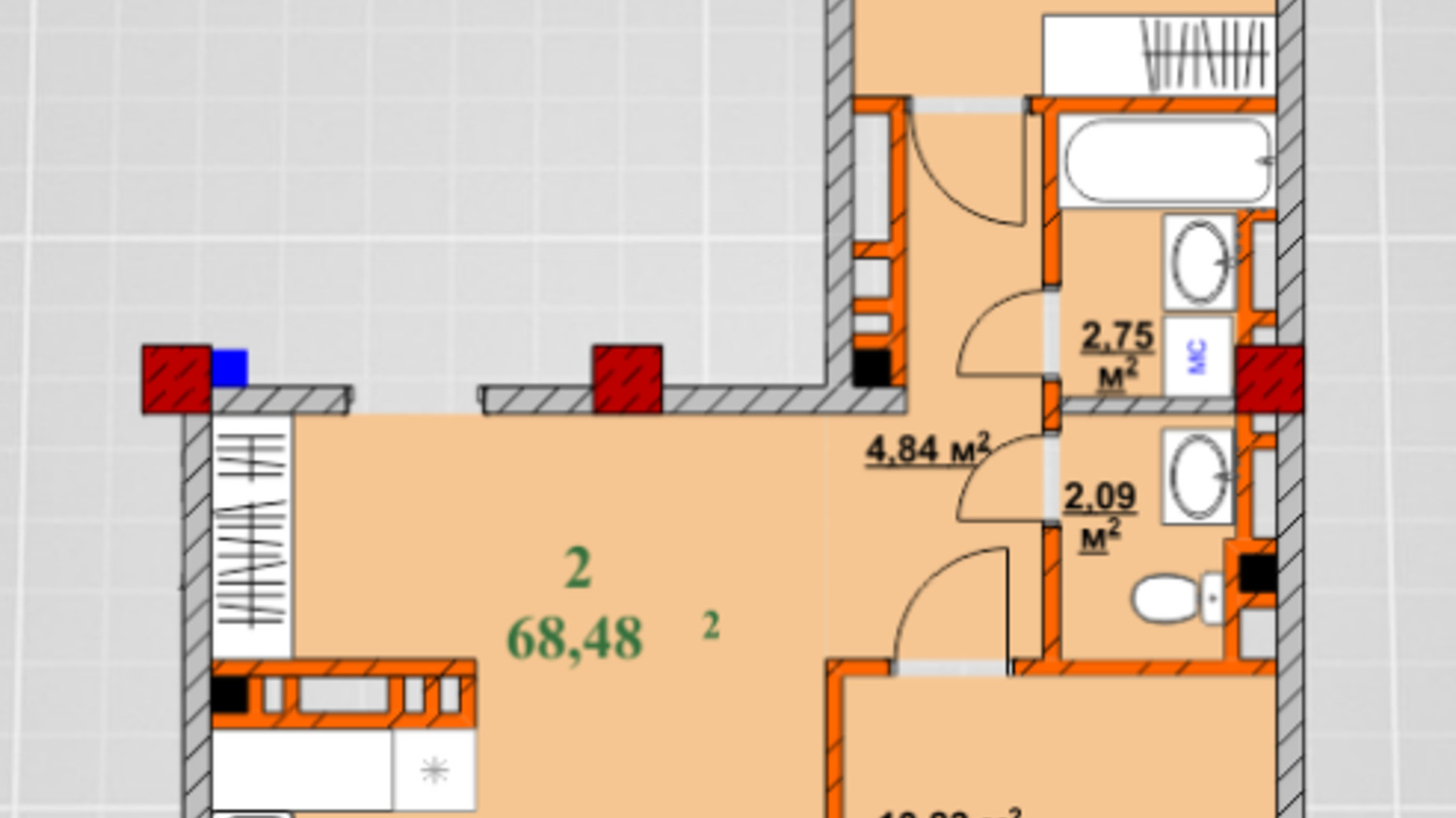 Планування 2-кімнатної квартири в ЖК Provance Home 68.48 м², фото 426830