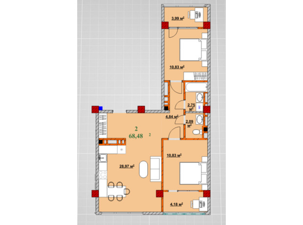 ЖК Provance Home: планування 2-кімнатної квартири 68.48 м²