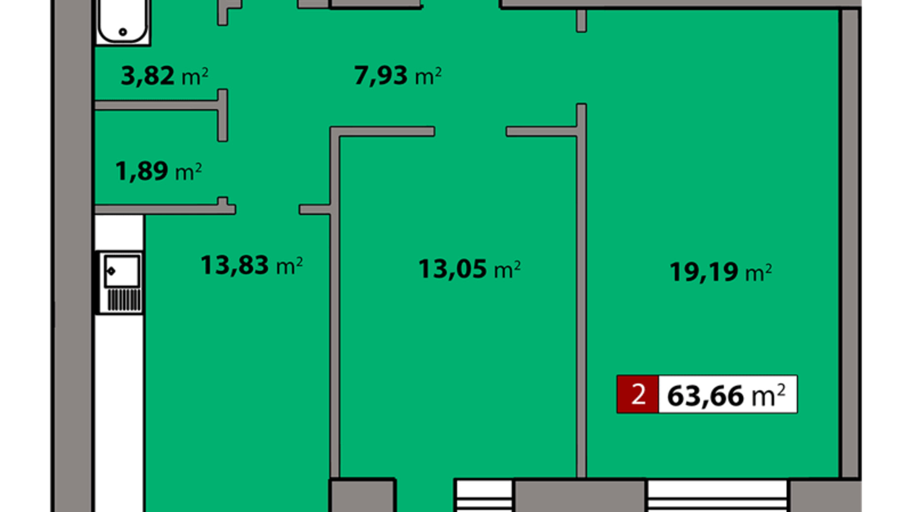 Планировка 2-комнатной квартиры в ЖК Парковый квартал 63.66 м², фото 426900