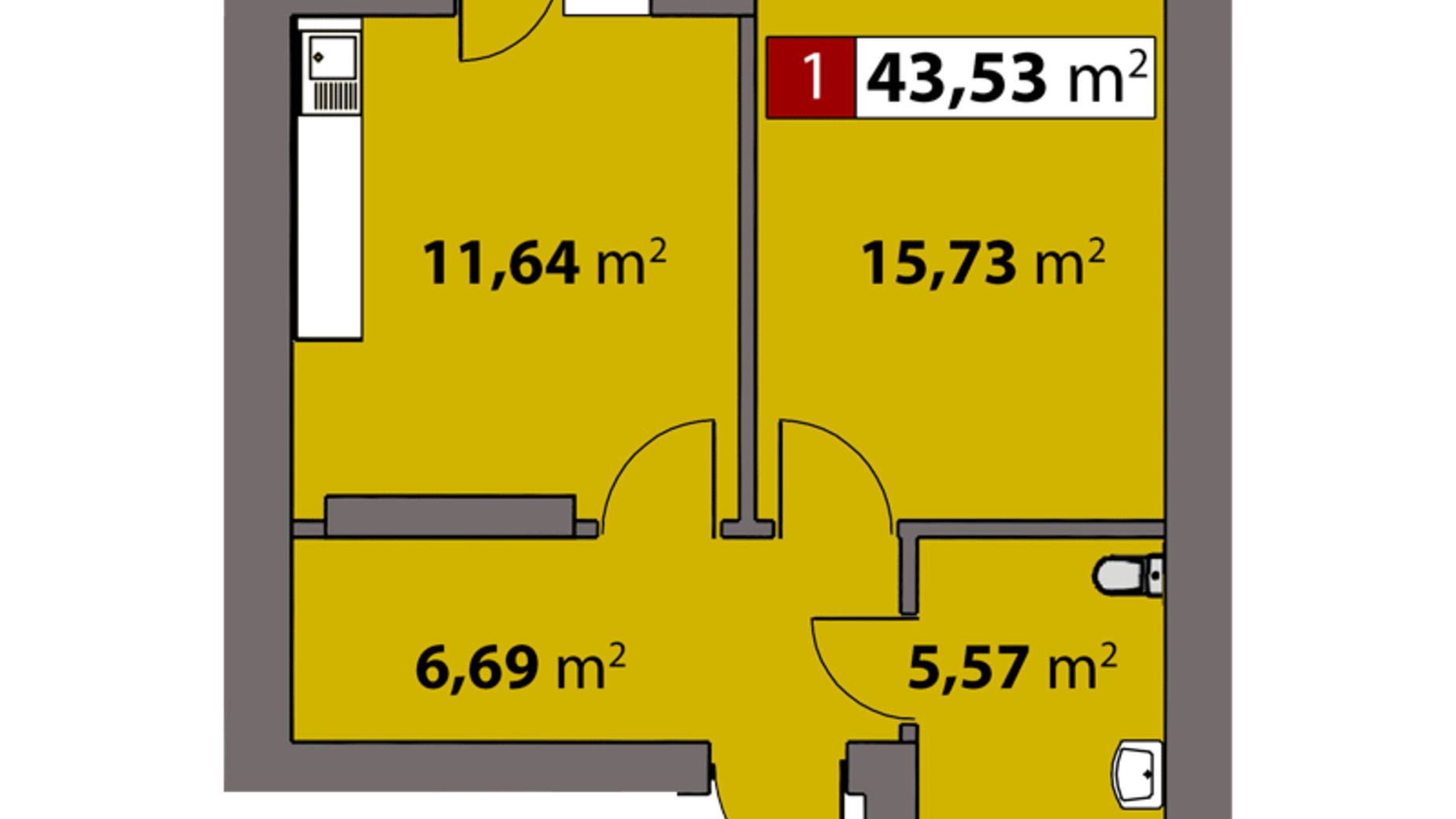 Планування 1-кімнатної квартири в ЖК Парковий на Дніпрі 43.53 м², фото 426904