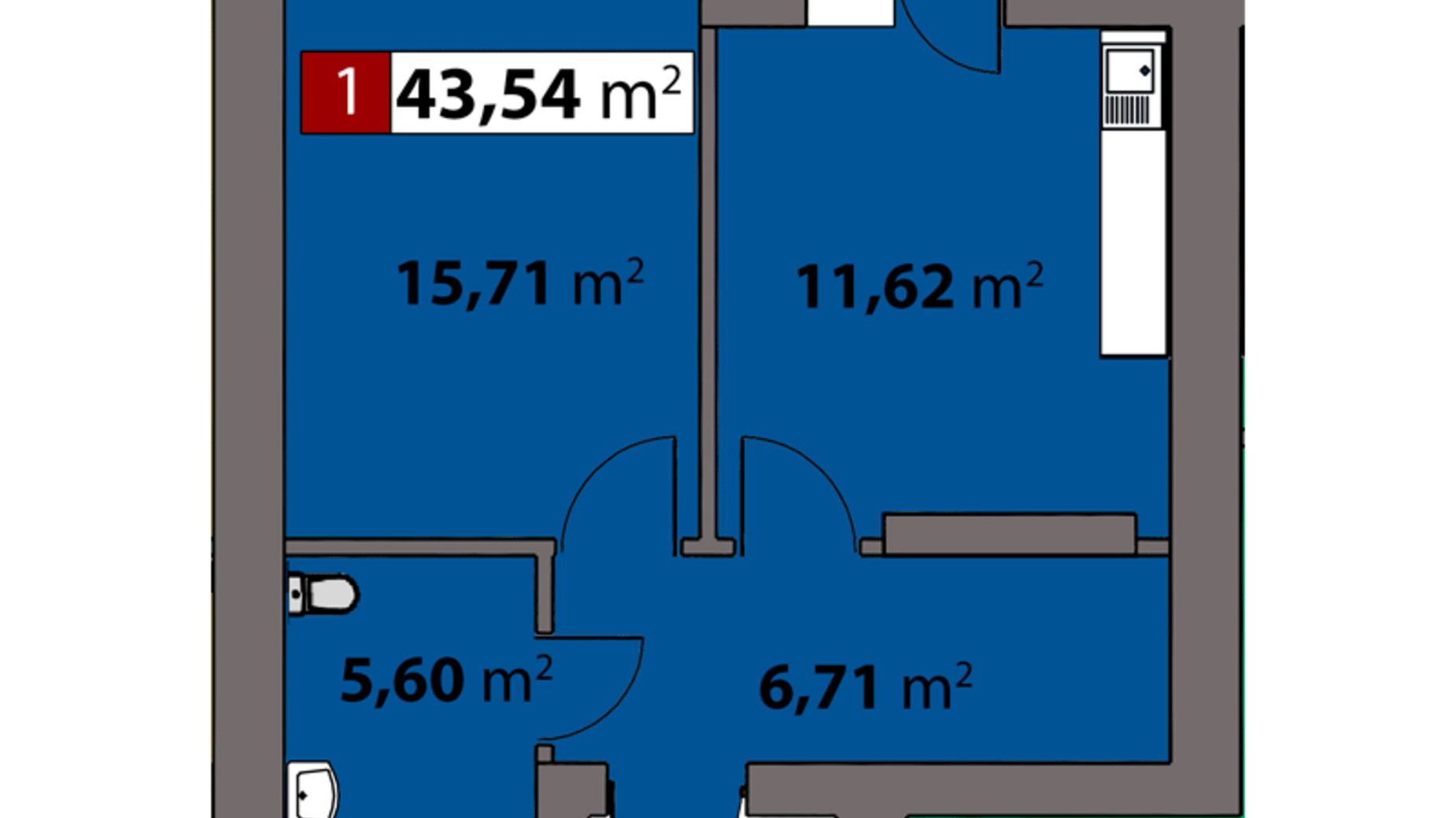 Планировка 1-комнатной квартиры в ЖК Парковый на Днепре 43.54 м², фото 426905