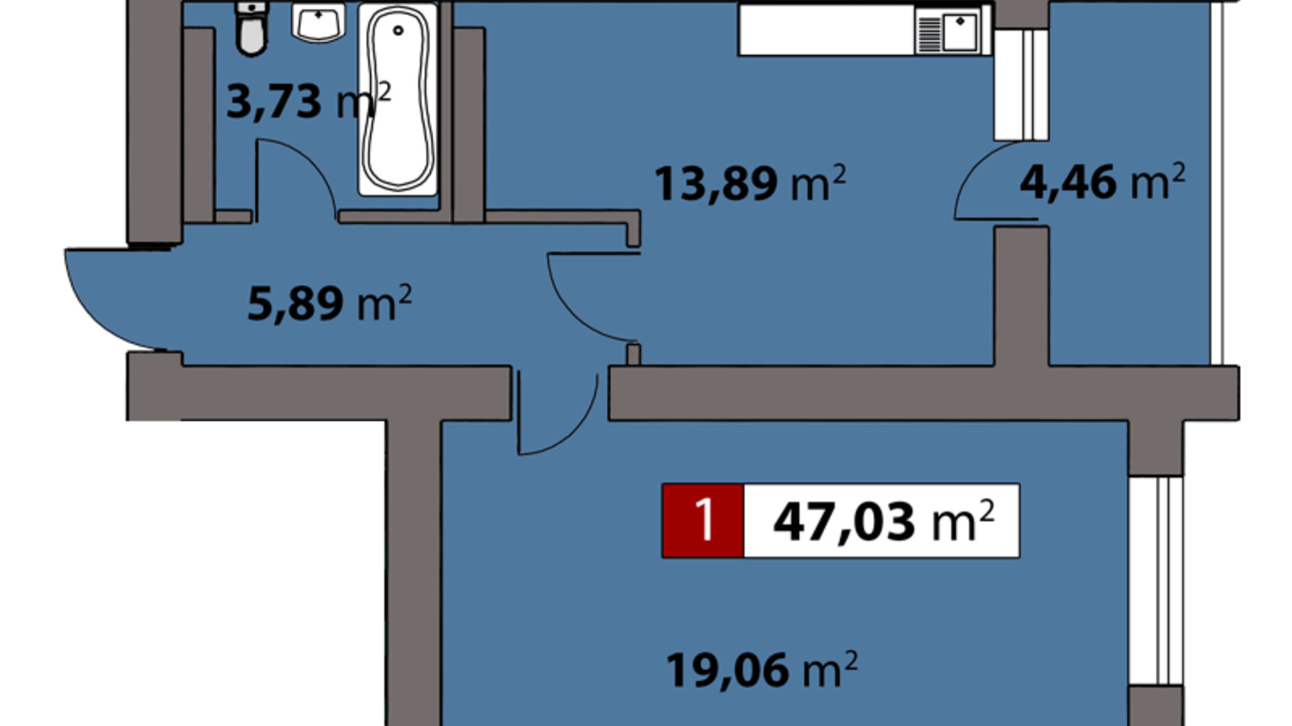 Планировка 1-комнатной квартиры в ЖК Парковый на Днепре 47.03 м², фото 426906