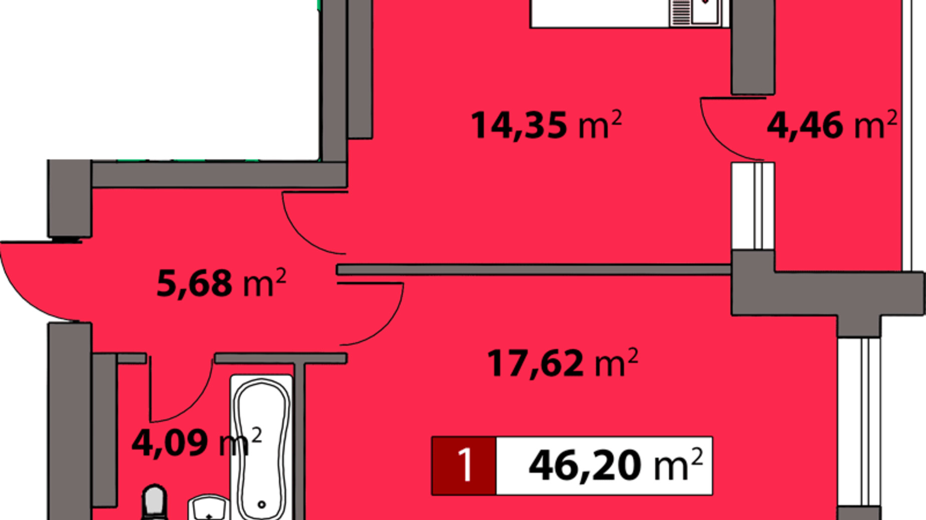 Планировка 1-комнатной квартиры в ЖК Парковый на Днепре 46.2 м², фото 426907