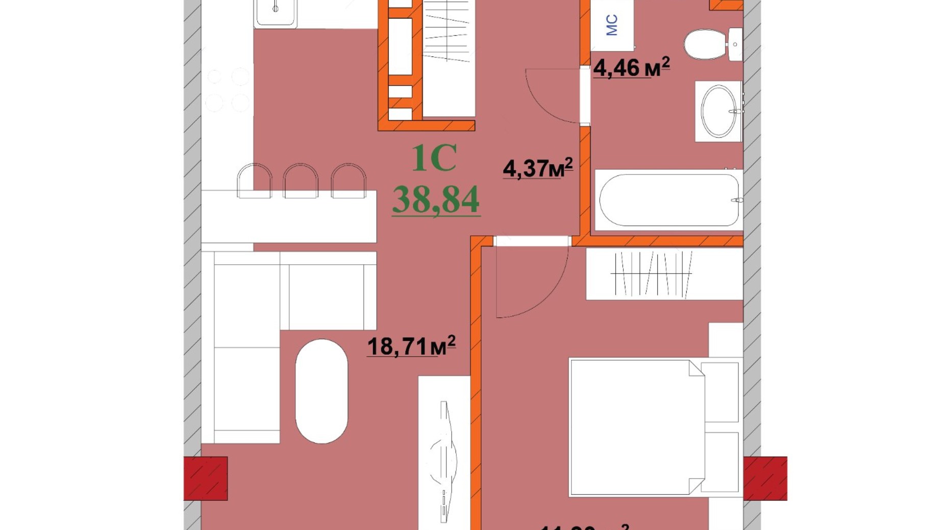 Планування 1-кімнатної квартири в ЖК Provance Home 38.84 м², фото 426951