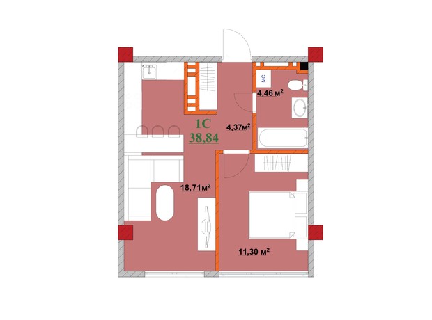 ЖК Provance Home: планировка 1-комнатной квартиры 38.84 м²