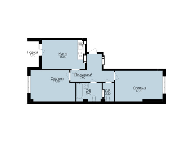 ЖК Гостомель Residence: планировка 2-комнатной квартиры 66.94 м²