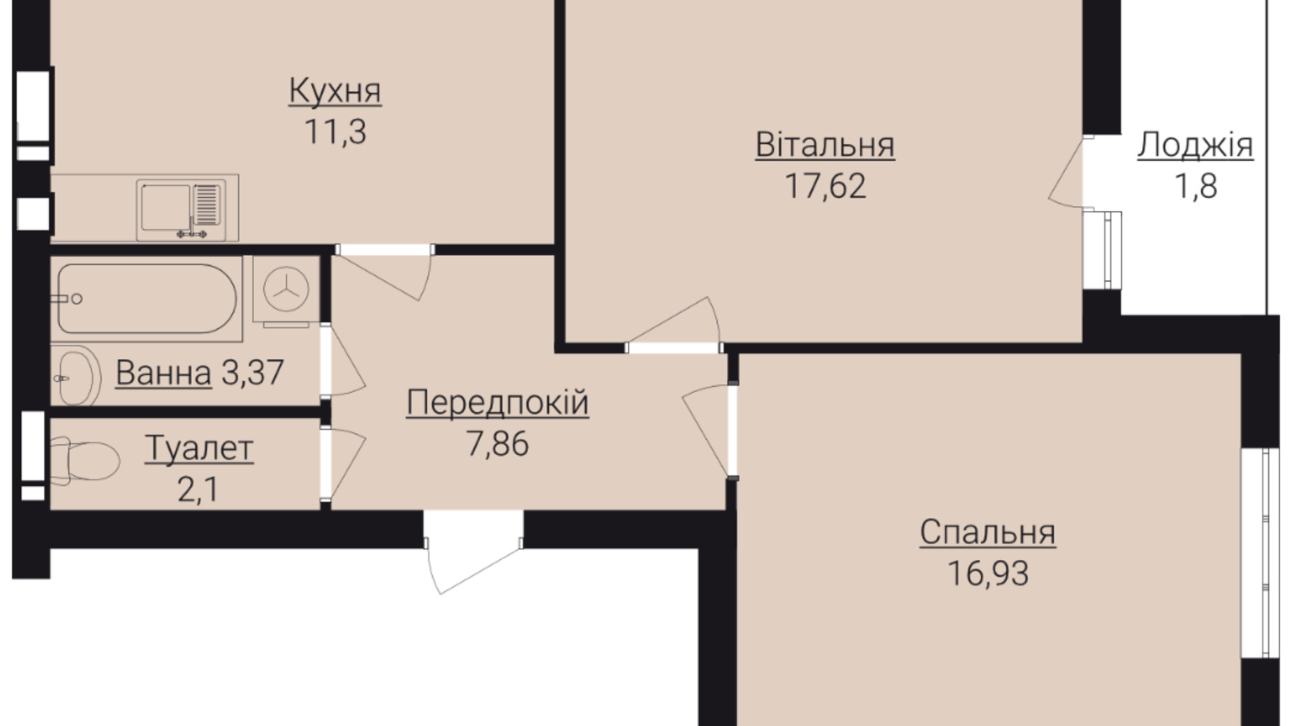 Планування 2-кімнатної квартири в ЖК Гостомель Residence 64.4 м², фото 427404