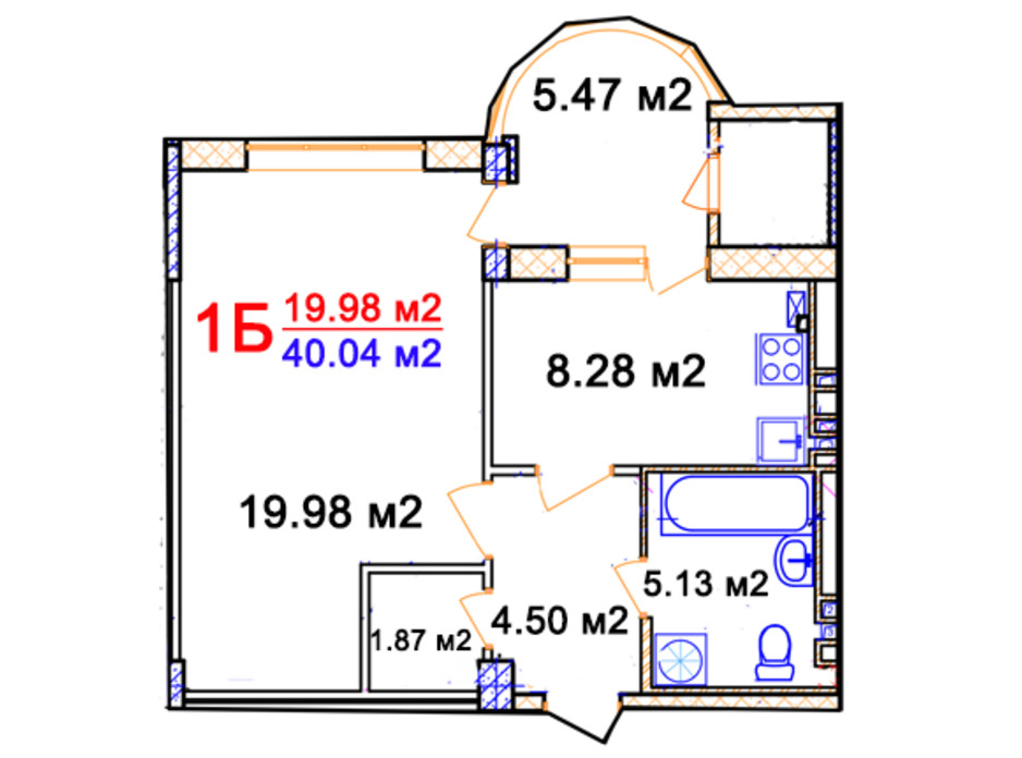 Планування 1-кімнатної квартири в ЖК Комфорт 40.04 м², фото 42747 Планування 1-кімнатної квартири в ЖК Комфорт 40.04 м², фото 42747