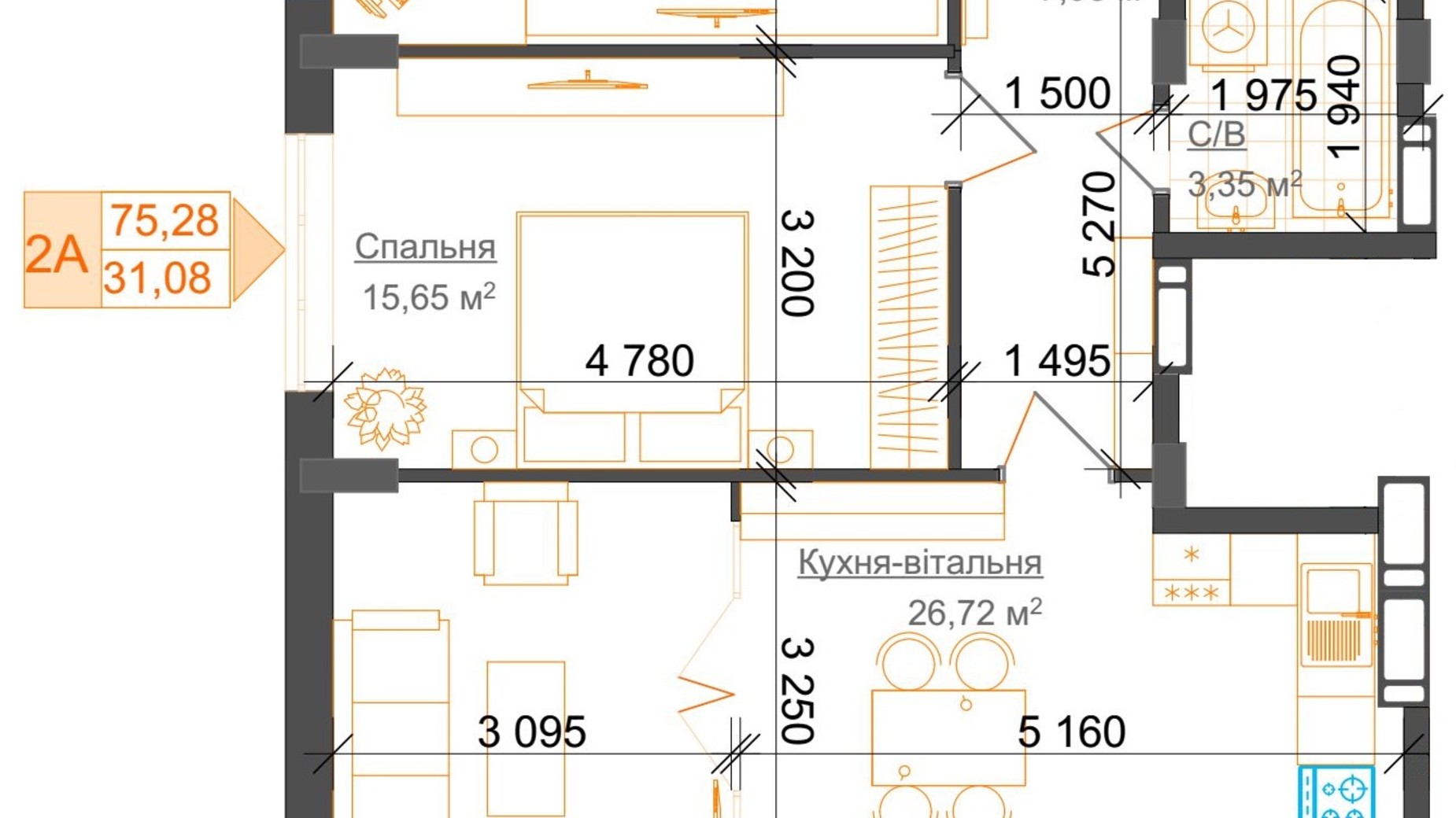 Планировка 2-комнатной квартиры в ЖК Гостомель Residence 75.28 м², фото 427506