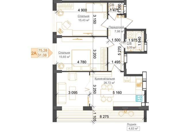 ЖК Гостомель Residence: планировка 2-комнатной квартиры 75.28 м²