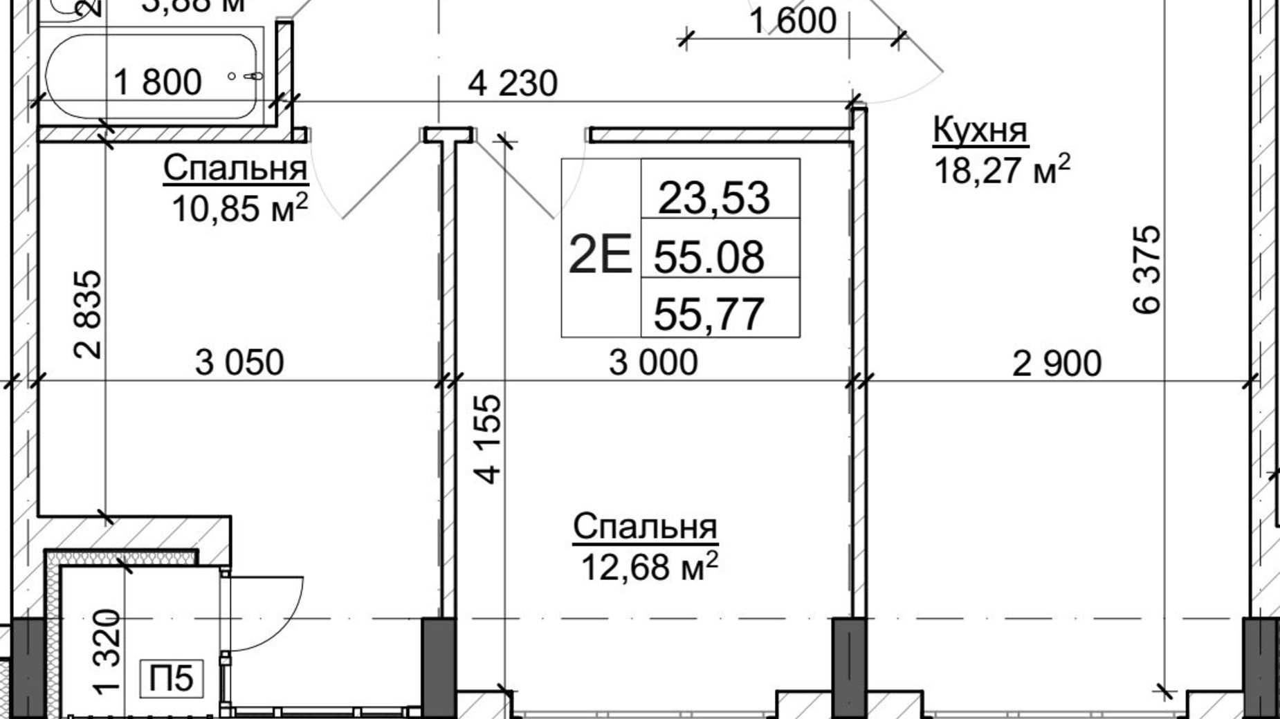 Планировка 2-комнатной квартиры в ЖК Гостомель Residence 55.5 м², фото 427508