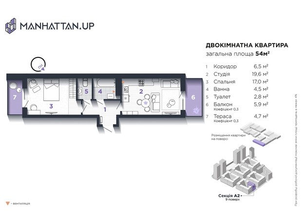 ЖК Manhattan Up: планировка 2-комнатной квартиры 54 м²