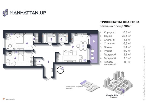 ЖК Manhattan Up: планировка 3-комнатной квартиры 90 м²
