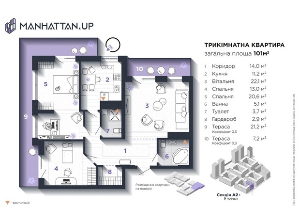 ЖК Manhattan Up: планировка 3-комнатной квартиры 101 м²