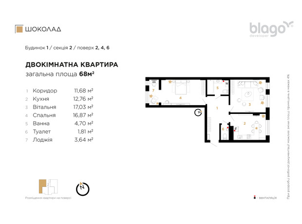 ЖК Сhocolate: планировка 2-комнатной квартиры 68 м²