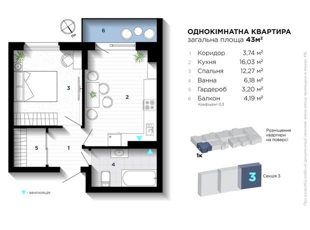 ЖК IQ House: планування 1-кімнатної квартири 43 м²