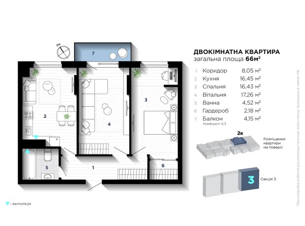 ЖК IQ House: планування 2-кімнатної квартири 66 м²