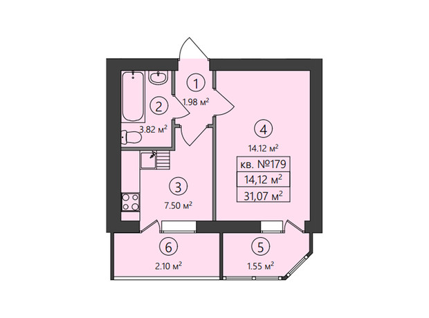 ЖК Family-2: планування 1-кімнатної квартири 31.07 м²