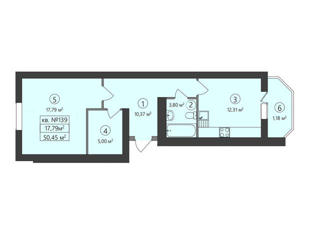 ЖК Family-2: планування 1-кімнатної квартири 50.45 м²