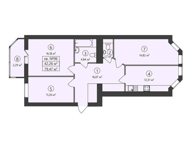 ЖК Family-2: планування 2-кімнатної квартири 77.74 м²