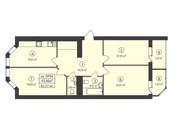 ЖК Family-2: планування 3-кімнатної квартири 83.37 м²