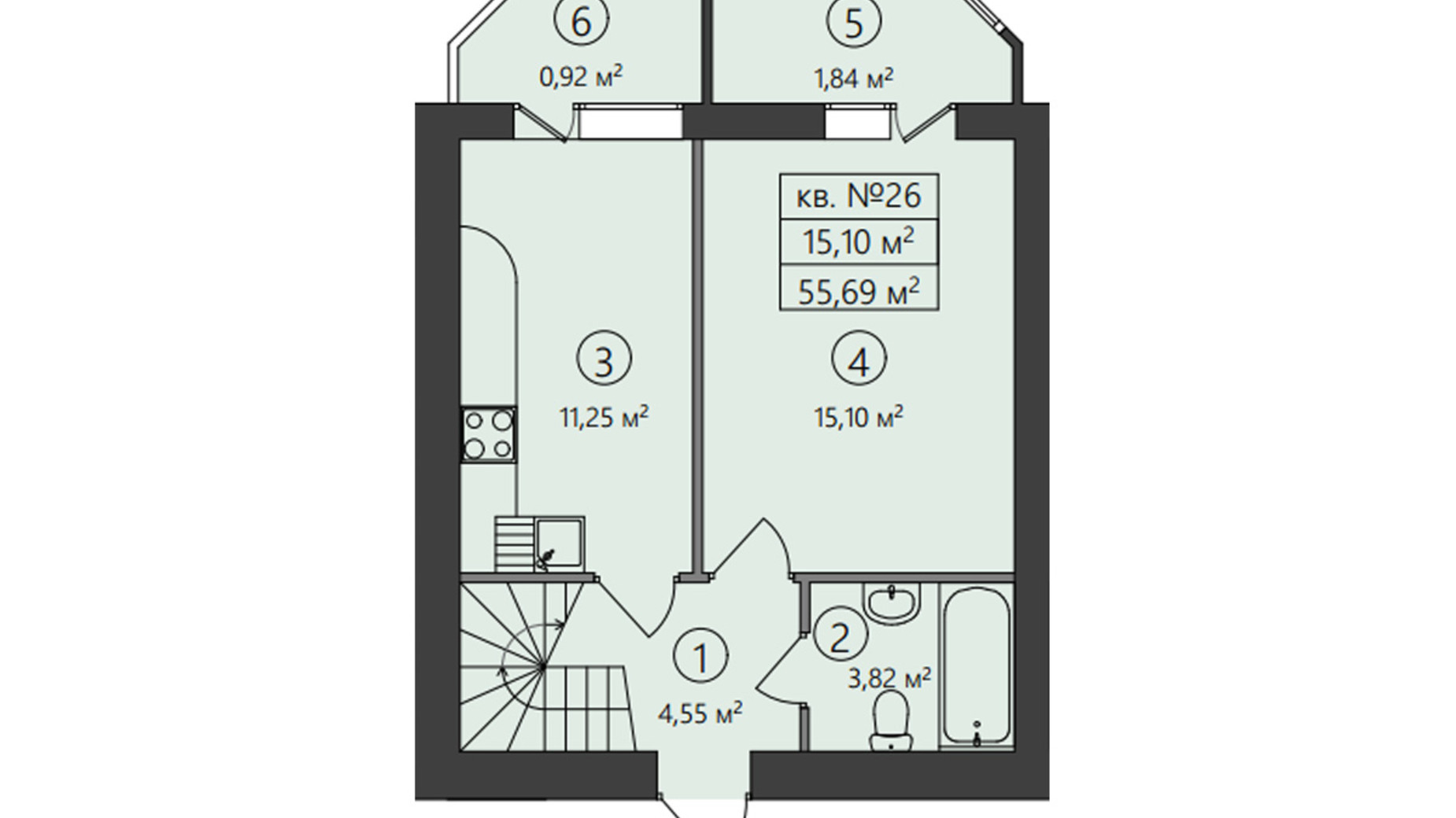 Планировка много­уровневой квартиры в ЖК Family-2 55.69 м², фото 428742