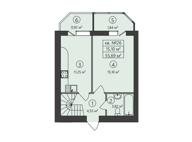 ЖК Family-2: планування 1-кімнатної квартири 55.69 м²