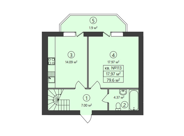 ЖК Family-2: планування 2-кімнатної квартири 79.6 м²