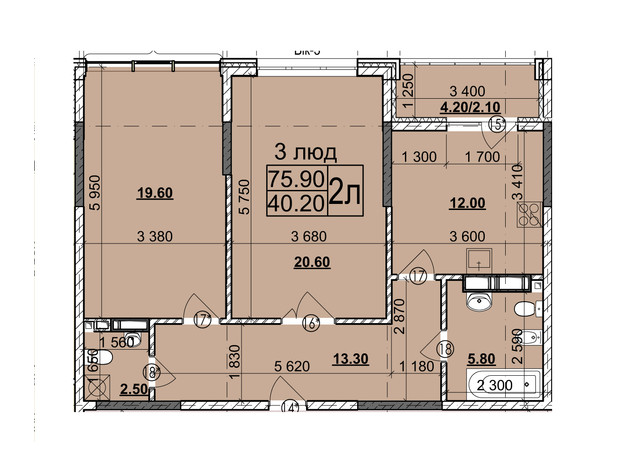 Мікрорайон Зоряний: планування 2-кімнатної квартири 75.9 м²