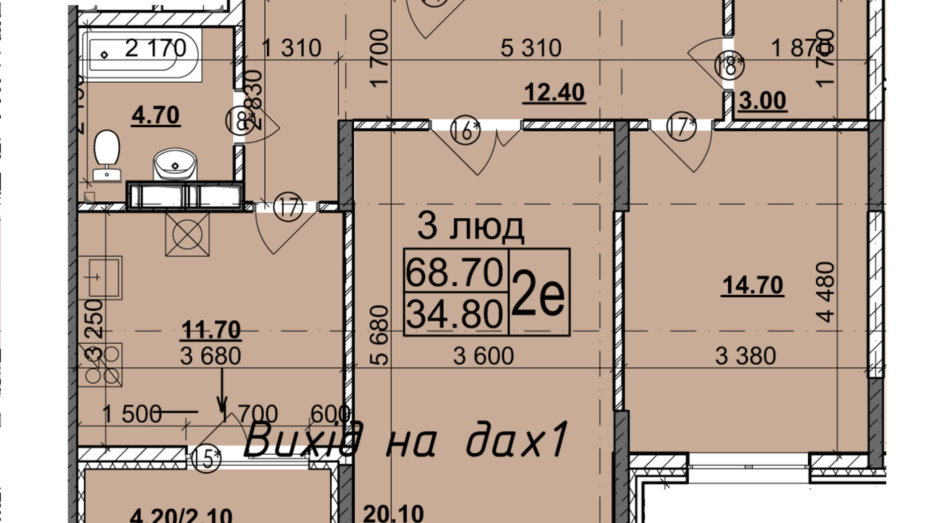 Планування 2-кімнатної квартири в Мікрорайон Зоряний 68.7 м², фото 429853