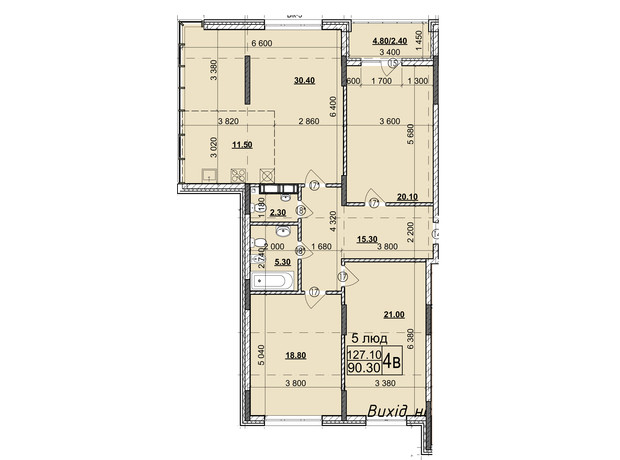 Микрорайон Звёздный: планировка 4-комнатной квартиры 127.1 м²