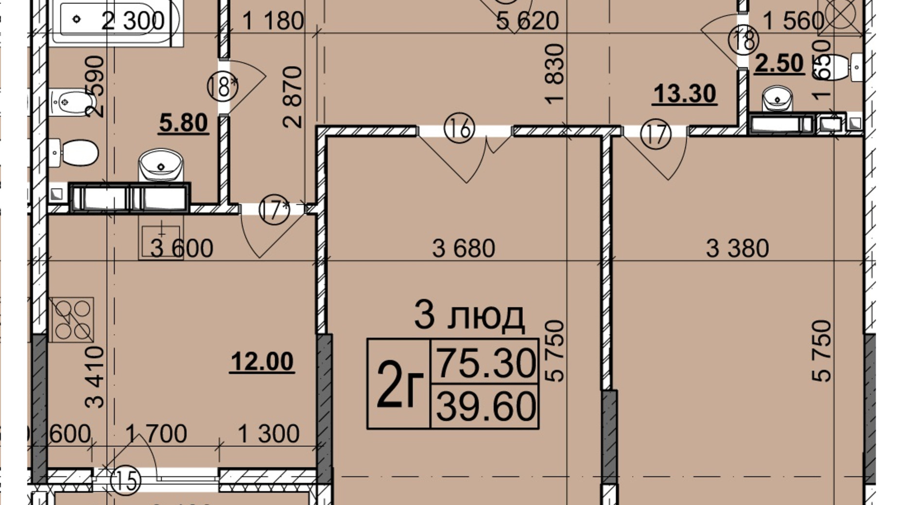 Планування 2-кімнатної квартири в Мікрорайон Зоряний 75.3 м², фото 429891