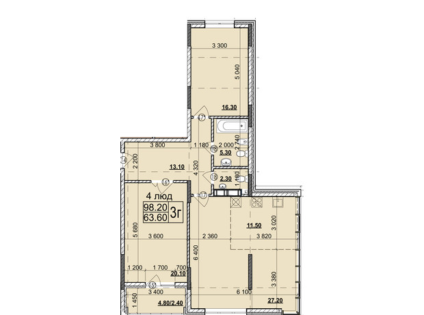 Микрорайон Звёздный: планировка 3-комнатной квартиры 98.2 м²