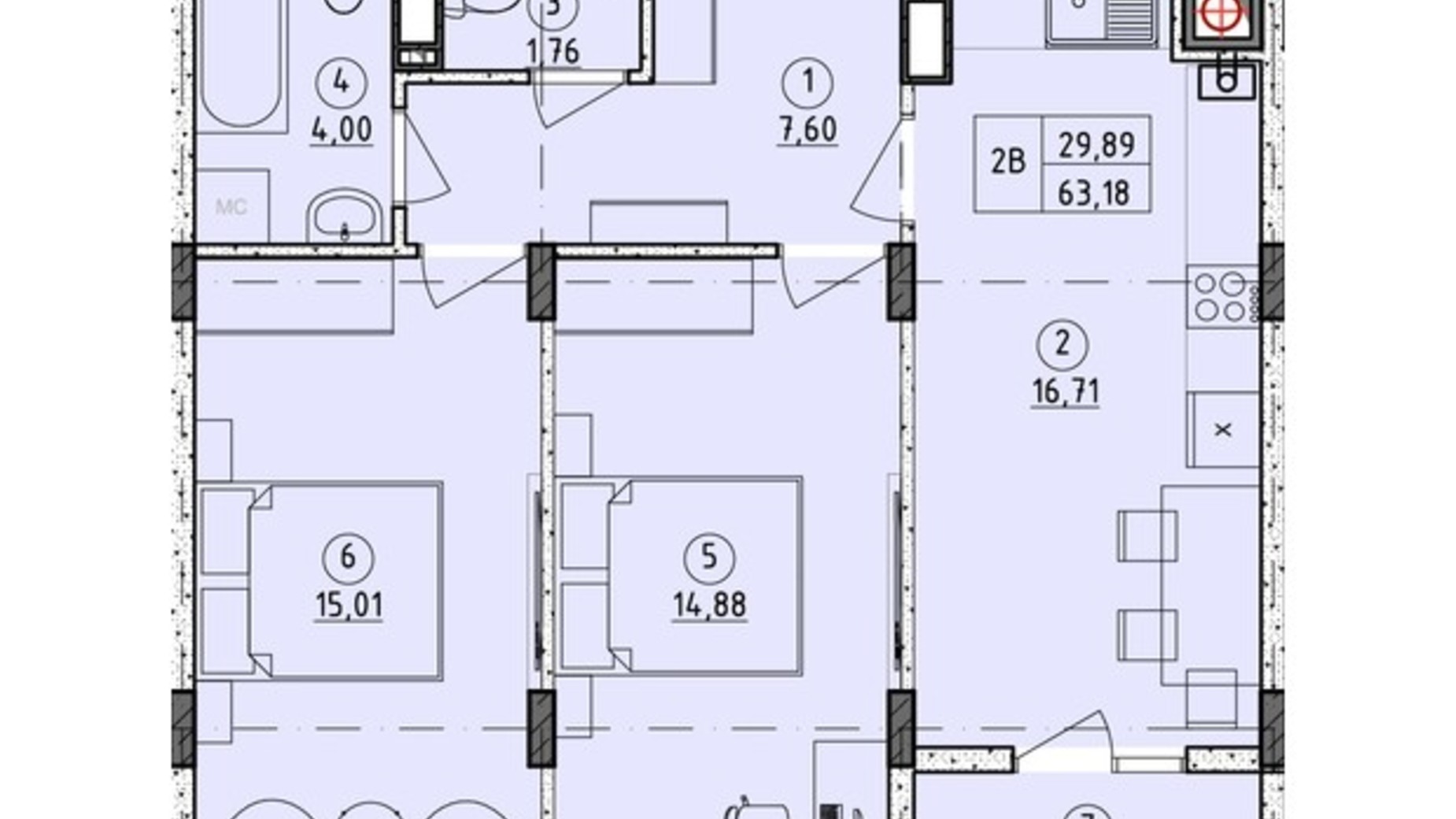 Планировка 2-комнатной квартиры в ЖК Стожары 63.18 м², фото 430180