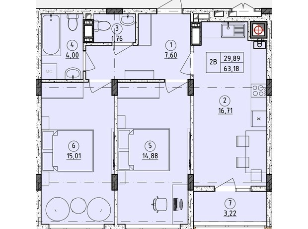 ЖК Стожары: планировка 2-комнатной квартиры 63.18 м²