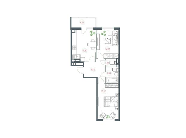 ЖК Озерний гай Гатне: планування 2-кімнатної квартири 67.66 м²